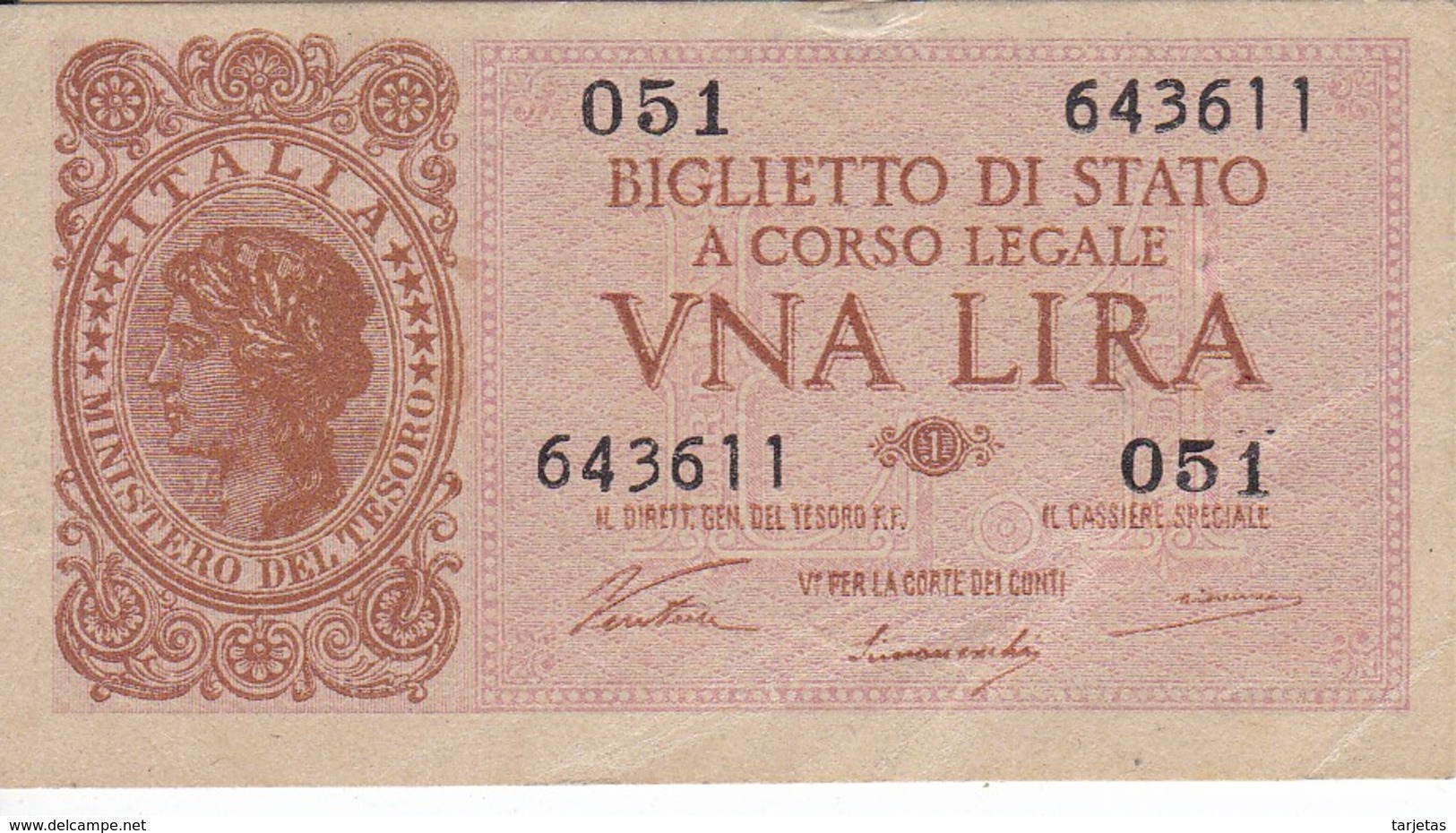 BILLETE DE ITALIA DE 1 LIRA  BIGLIETO DI STATO DEL AÑO 1944  (BANKNOTE) - Italia – 1 Lira