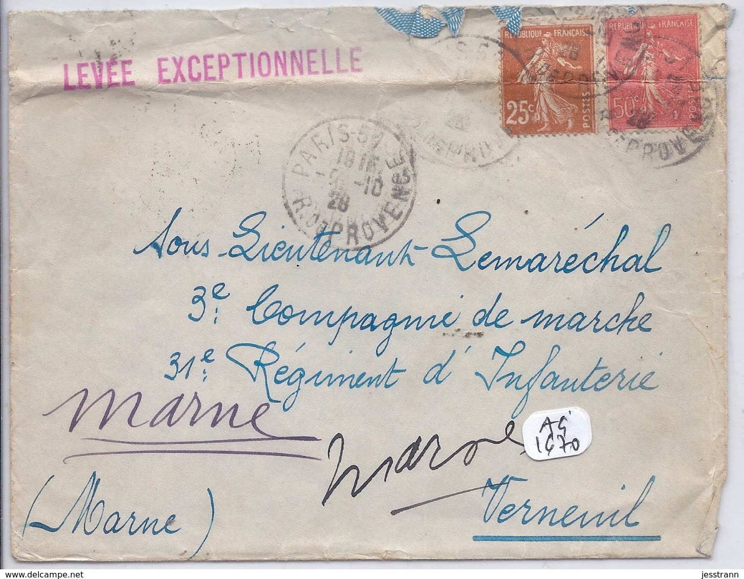 AFFR. LS- 50 C SEMEUSE LIGNEE+ 25 C SEMEUSE CAMEE- LEVEE EXCEPTIONNELLE- RARE GRIFFE LINEAIRE ROUGE- PLIEE - 1921-1960: Période Moderne