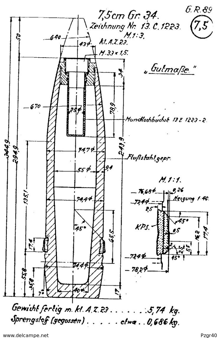 Inerte German obus 7,5 cm Granate 34 Pak 40 KwK 40 Panzer StuG projektil Neutralisé