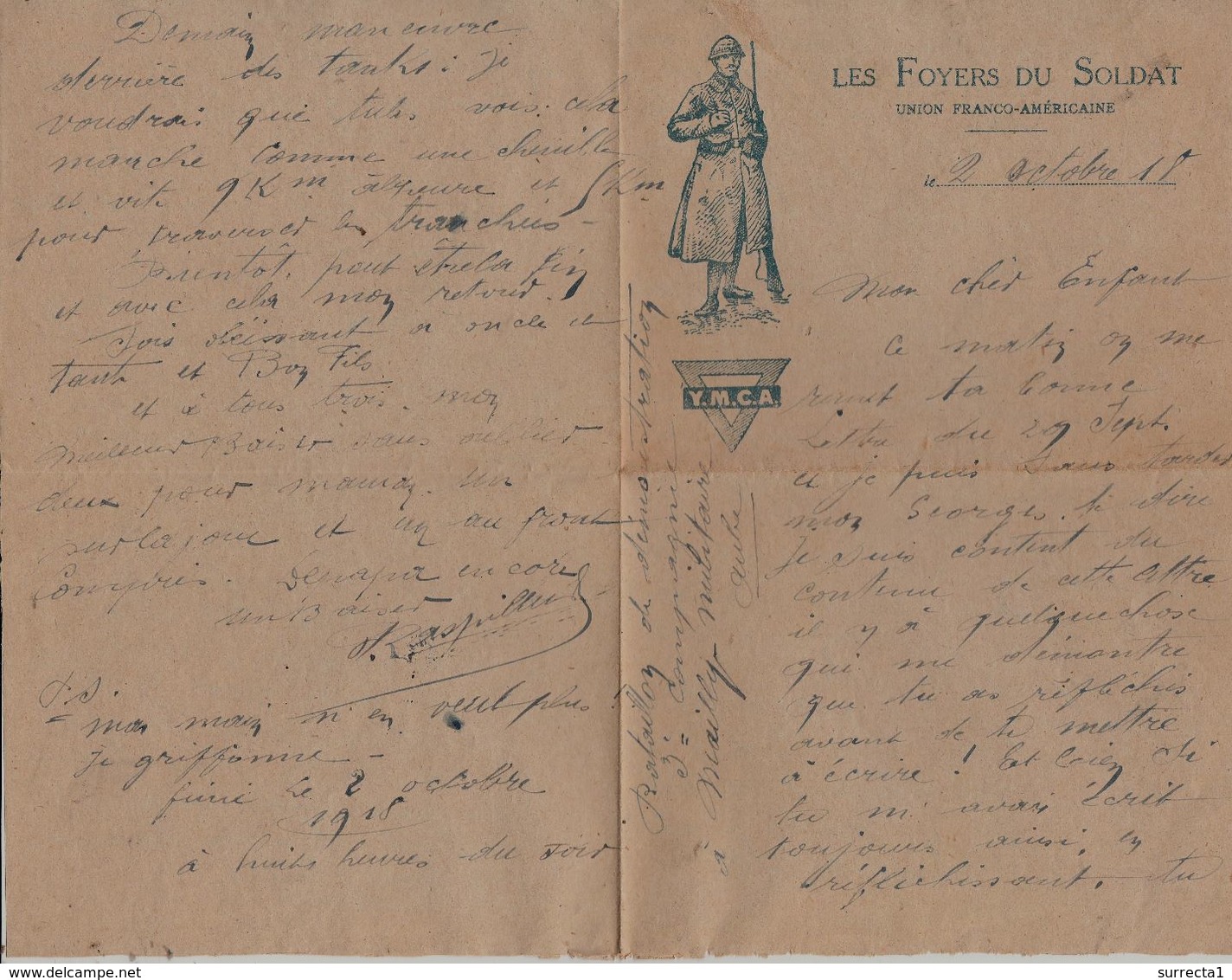 Lettre à Un Soldat 1918 / YMCA / Les Foyers Du Soldat - 1914-18