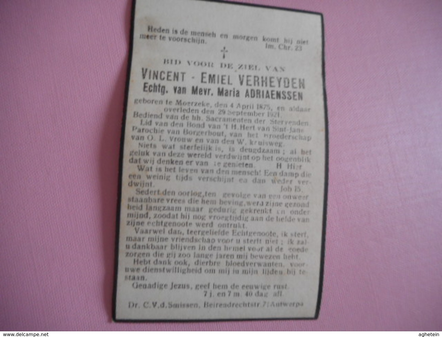 D.P.-VINCENT E.VERHEYDEN°MOERZEKE 4-4-1875+ALDAAR 29-9-1921 - Religion & Esotérisme