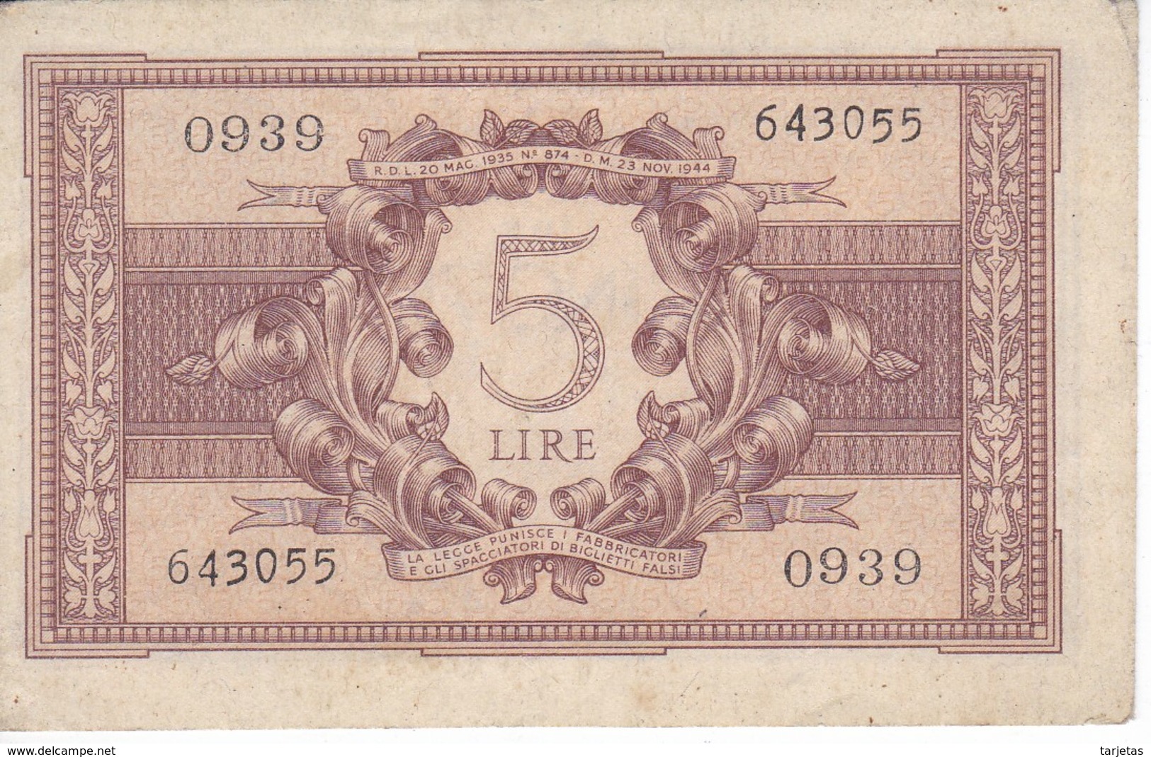 BILLETE DE ITALIA DE 5 LIRAS  BIGLIETO DI STATO DEL AÑO 1944  (BANKNOTE) - Italia – 5 Lire