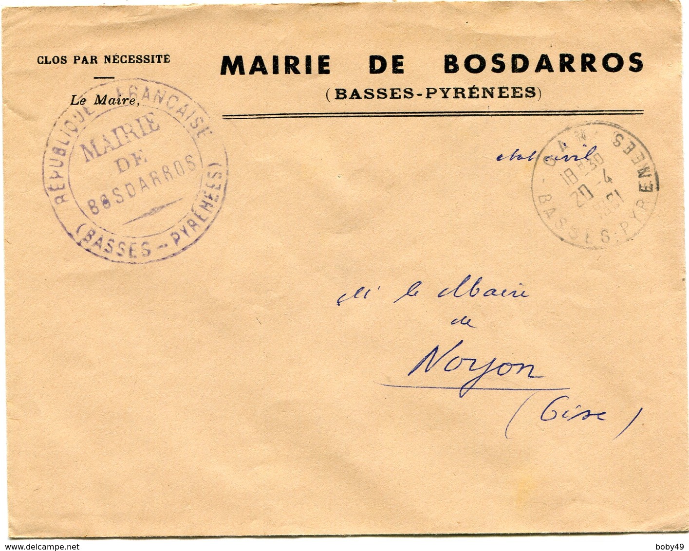 BASSES PYRENEES De BOSDARROS  Env. à En Tête De Mairie Avec Dateur A 8 De GAN    Du 20/04/1961 - 1961-....