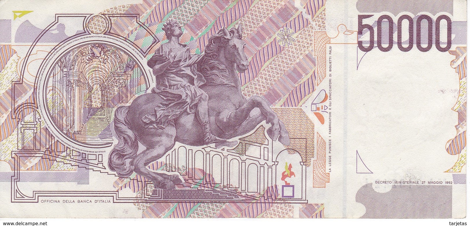 BILLETE DE ITALIA DE 50000 LIRAS DEL AÑO 1992 DE LORENZO BERNINI (BANKNOTE) - 50000 Liras