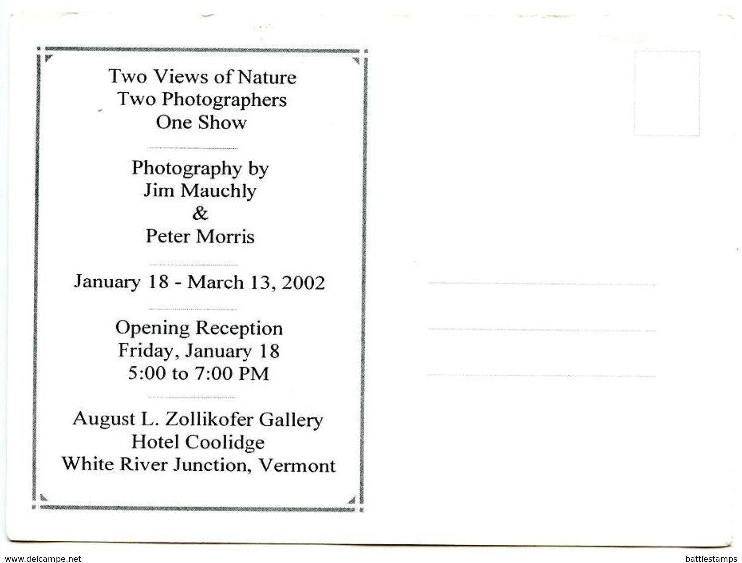 United States 2002 Postcard Photography Show For Morris & Mauchly - Vermont - Other & Unclassified