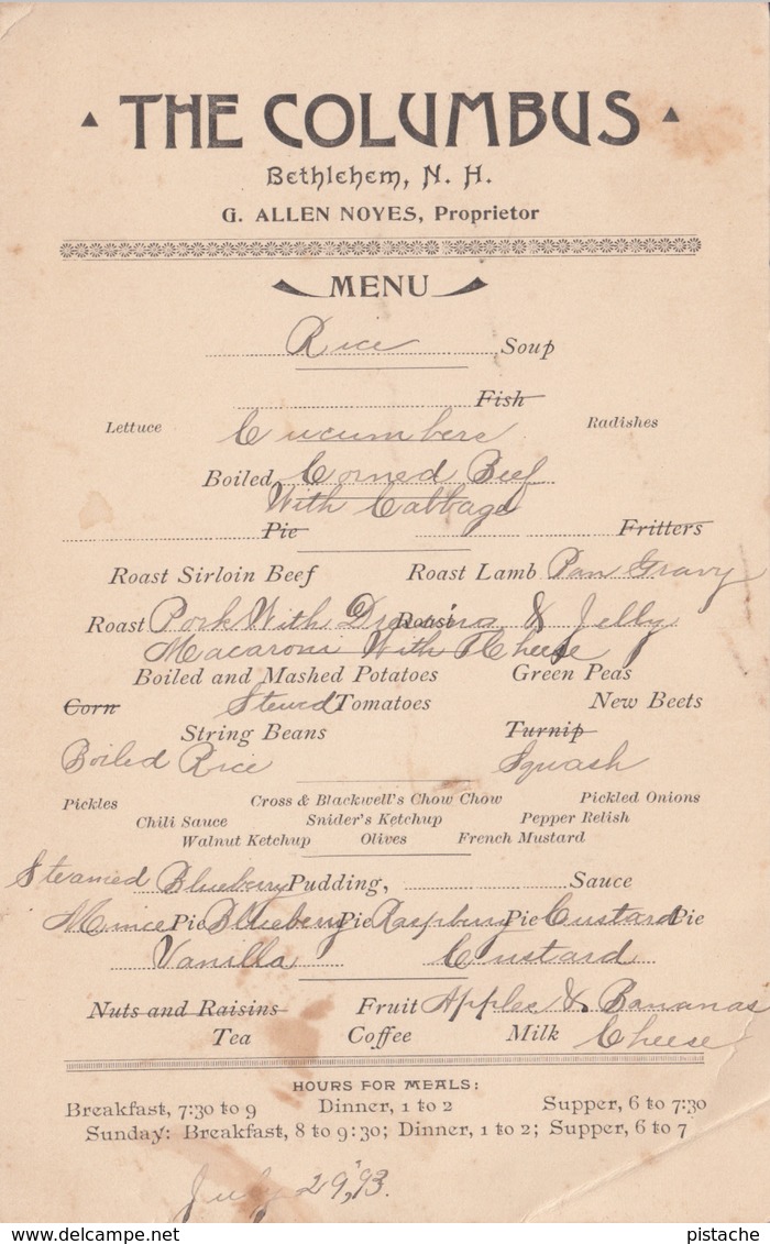 Vintage 1893 Menu - The Columbus Restaurant - Bethlehem NH New Hampshire USA - Food Cuisine - Menus