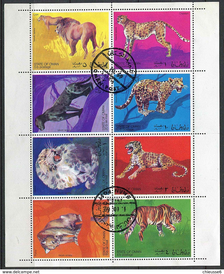 (lot 47) Oman Ob  Série De 8 Tbres En Petite Feuille -  Animaux Sauvages : Lions, Tigres, Léopard, Puma, Panthère Noire - Omán