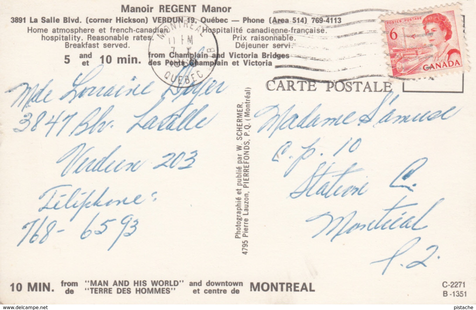 Verdun Montréal Québec Canada - Hotel Manoir Regent Manor - 1960-1965 Car - Stamp Postmark - 2 Scans - Montreal