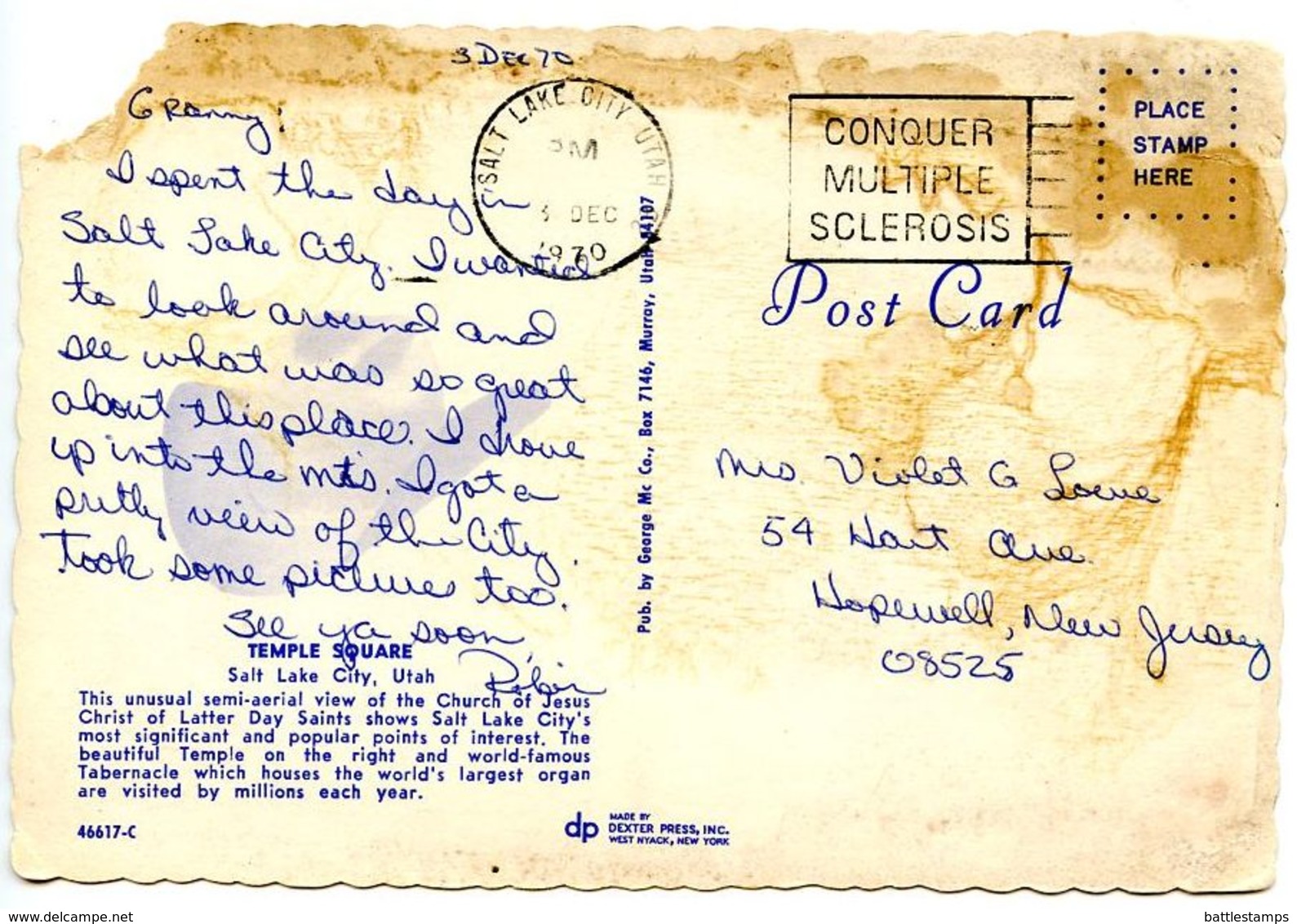 United States 1970 Postcard Mormon Temple Square - Salt Lake City, Utah - Salt Lake City