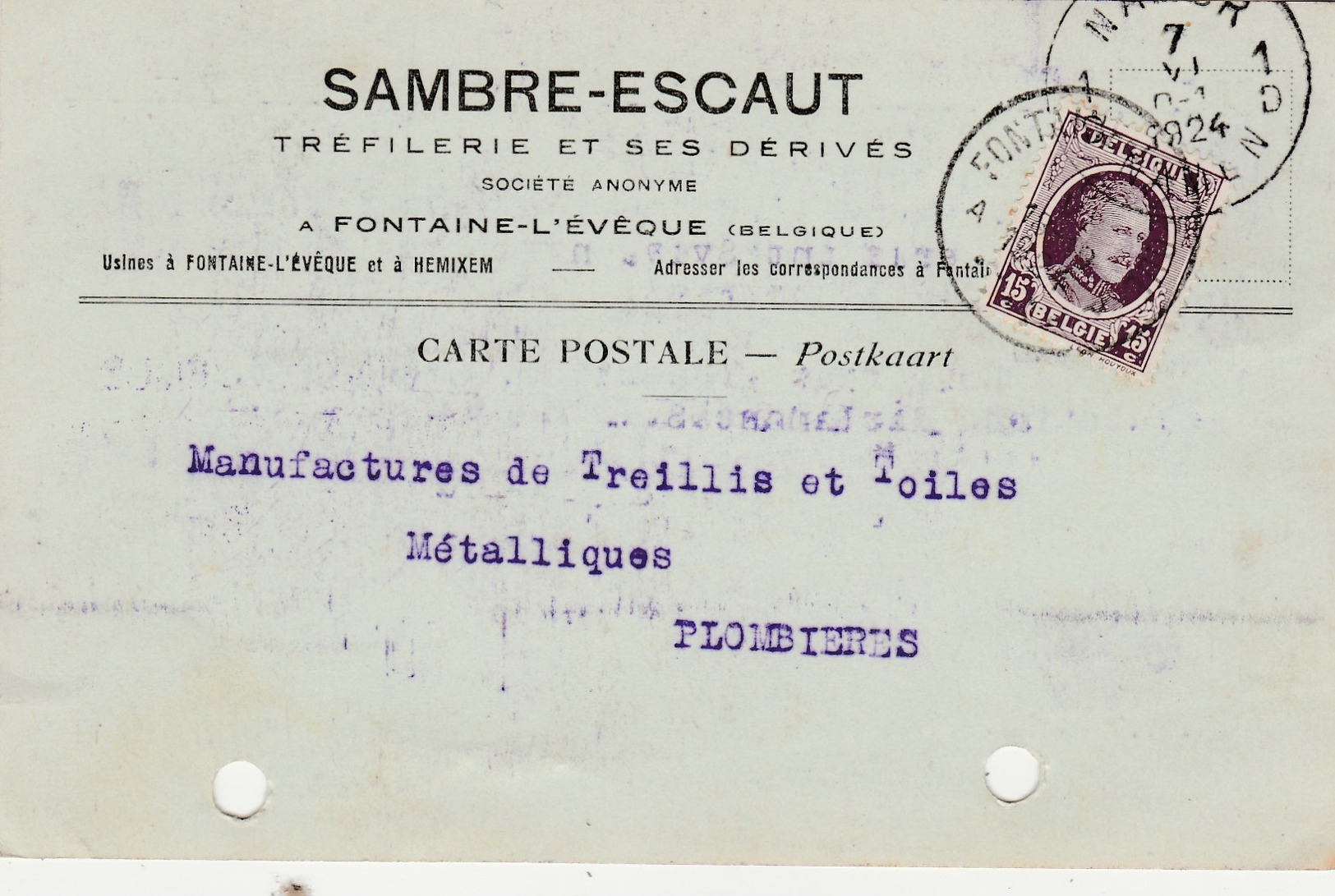 "Sambre-Schelde"  "Sambre-Escaut" Tréfilerie ,Fontaine-l-évêque  Et  Hemixem ,(Houyoux 1924)kaart Pub - Hemiksem