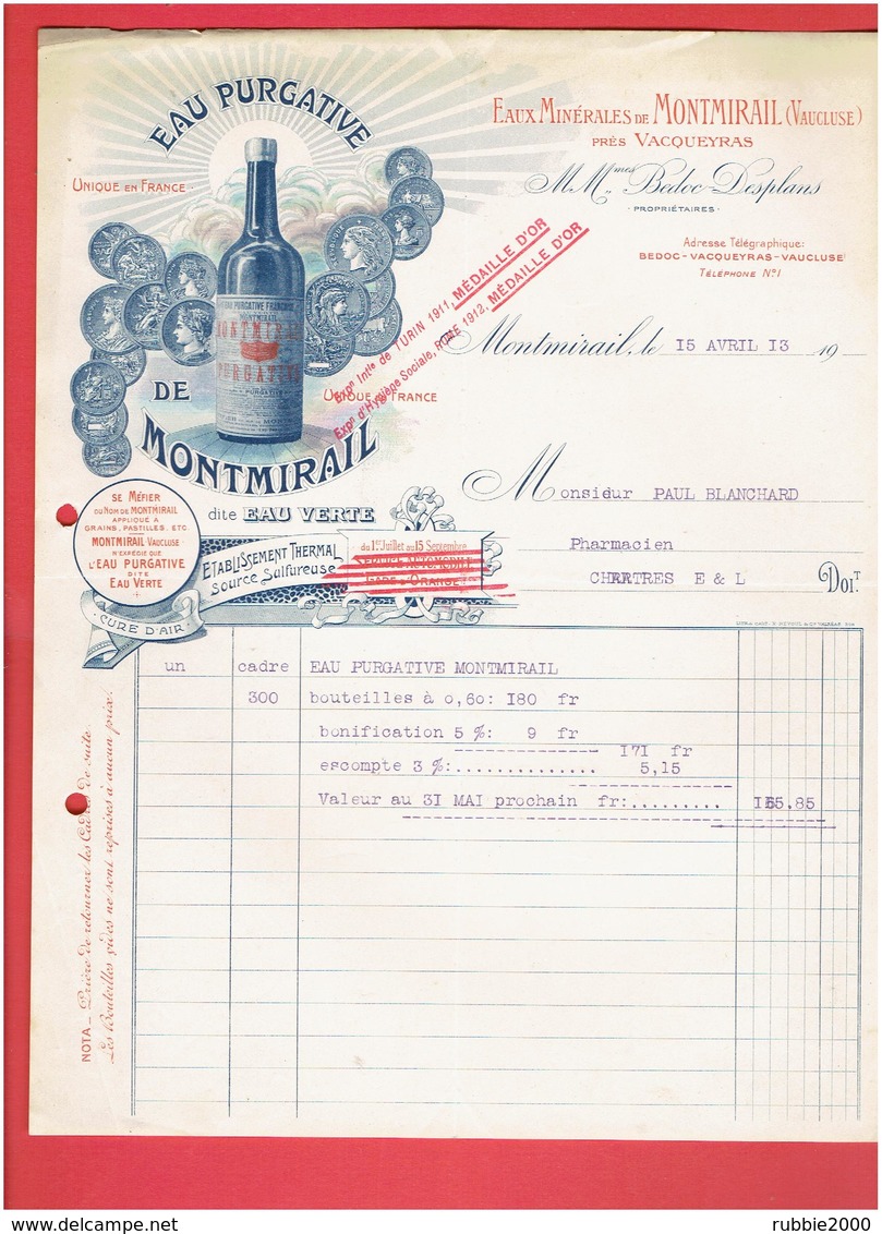 FACTURE 1913 EAU PURGATIVE DE MONTMIRAIL VAUCLUSE PRES VACQUEYRAS DITE EAU VERTE - 1900 – 1949