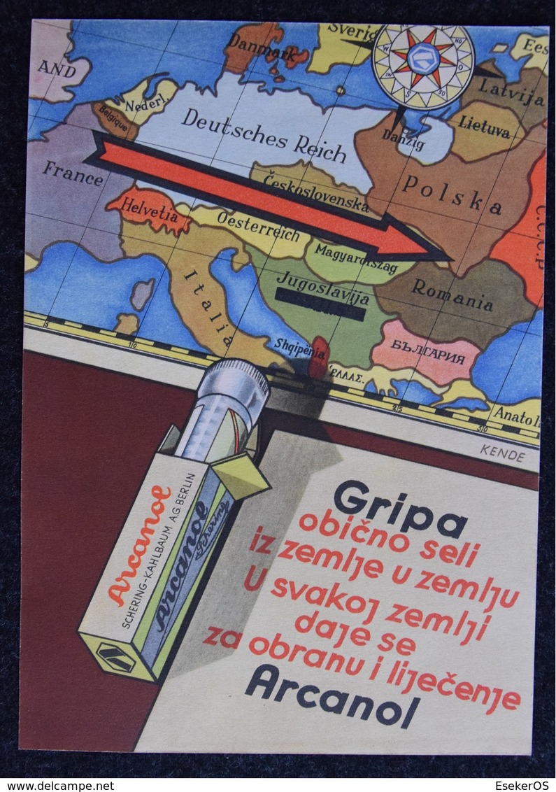 Advertising - Pharmacy, Medicines, European Map, Influenza - Schering - Kahlbaum A.G. Berlin, Year Cca 1920 - Other & Unclassified
