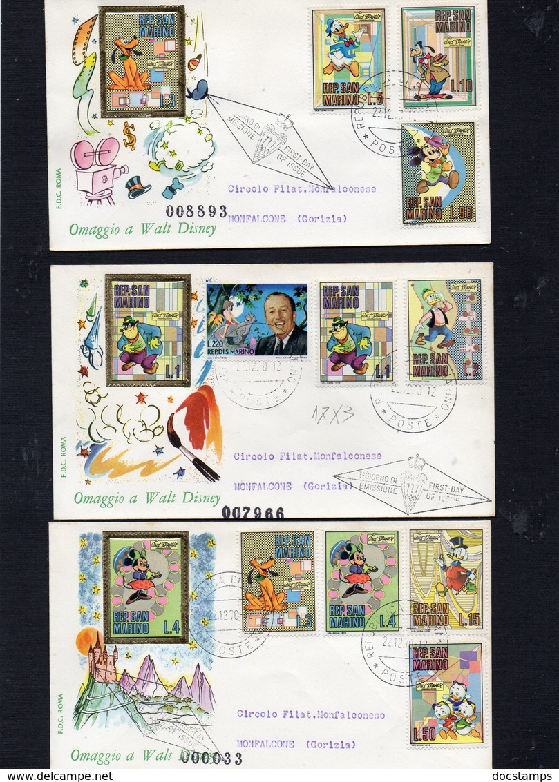 ##(DAN187/1)- -San Marino -1970 - Disney Cpl Set On 3 FDC Sent To Gorizia (Italy) - Disney