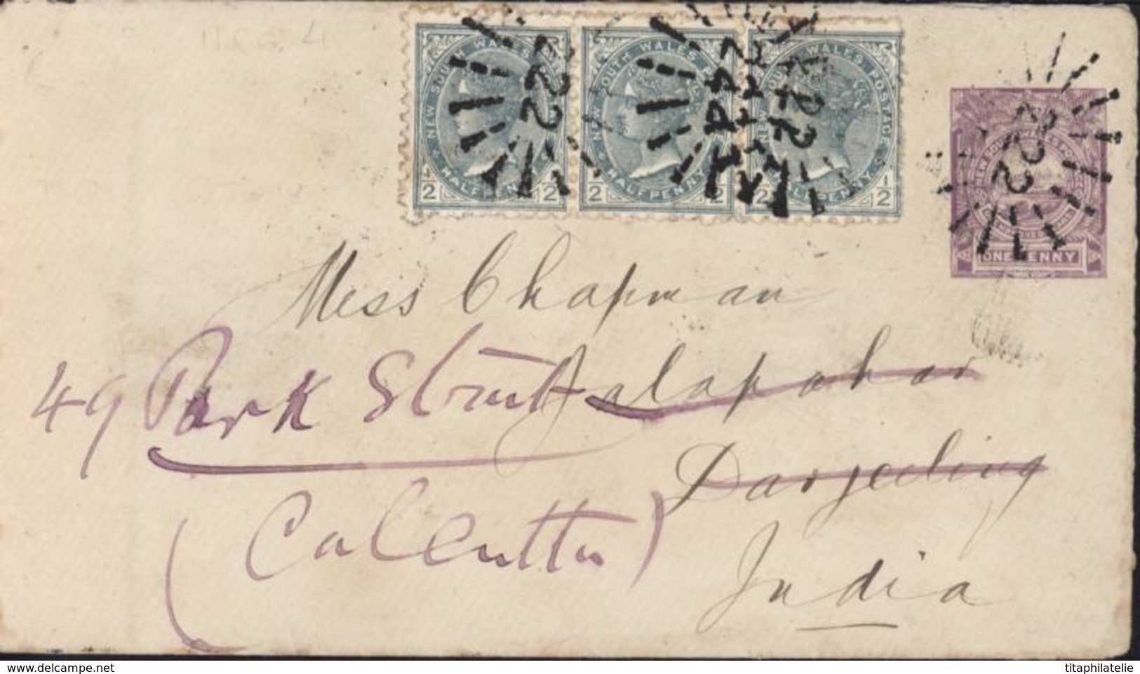 New South Wales Entier Violet 1 P + YT 72 X 2 Victoria Oblit 222 GC Pour Calcutta Cachet Dos 1894 1895 - Briefe U. Dokumente