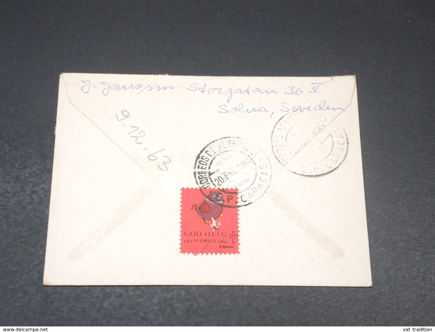 SUÈDE - Enveloppe De Solna Pour Caracas En 1963 , Vignette Au Verso - L 19642 - Storia Postale