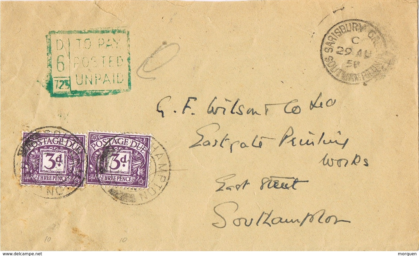 29296. Carta SARISBURY (Hampshire) 1958. POSTAGE DUE, Unpaid To Southampton - Cartas & Documentos