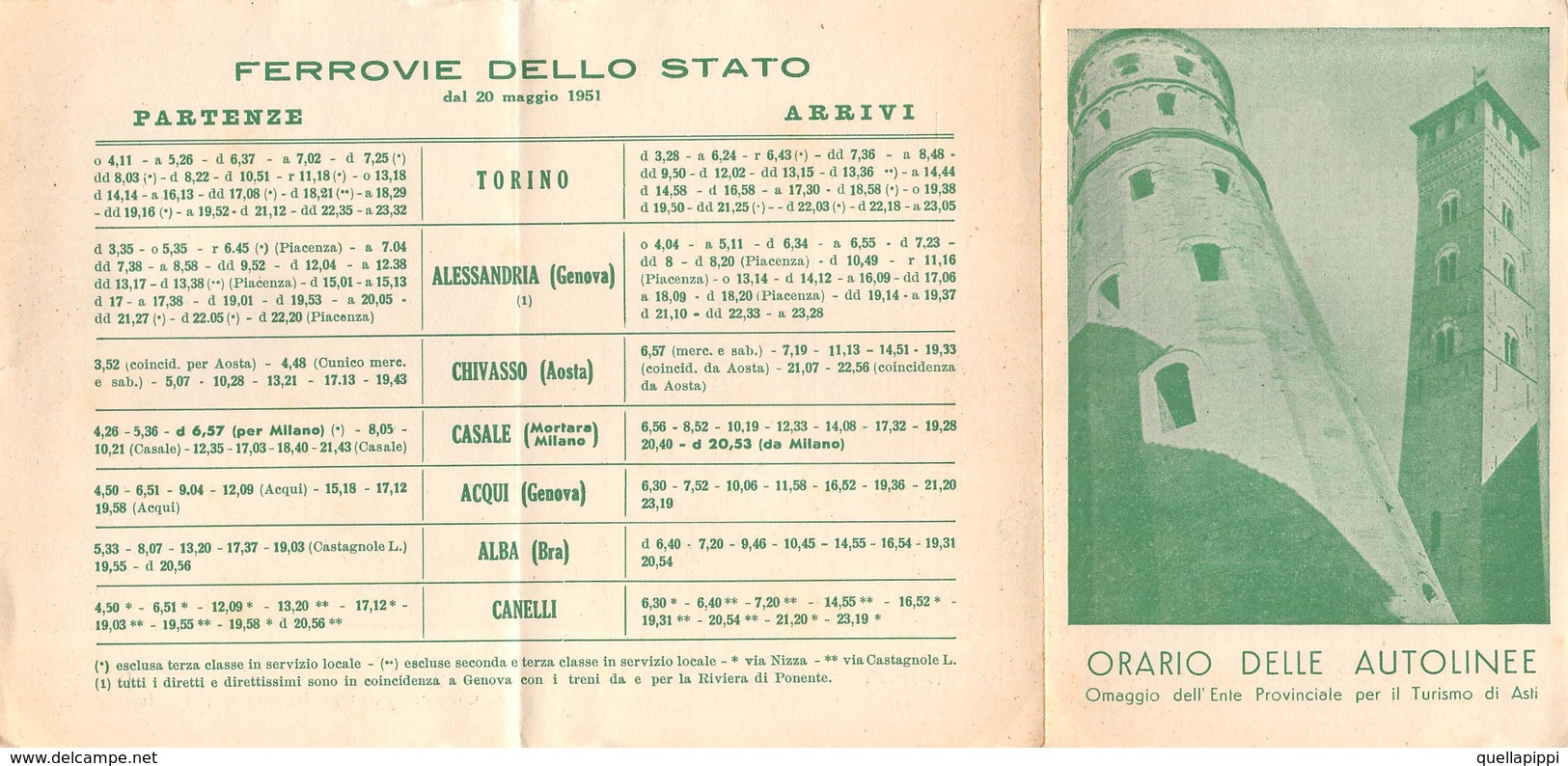 08091 "ASTI - ORARIO DELLE FERROVIE 1951" ENTE PROV. TURISMO - ORIGINALE - Europe