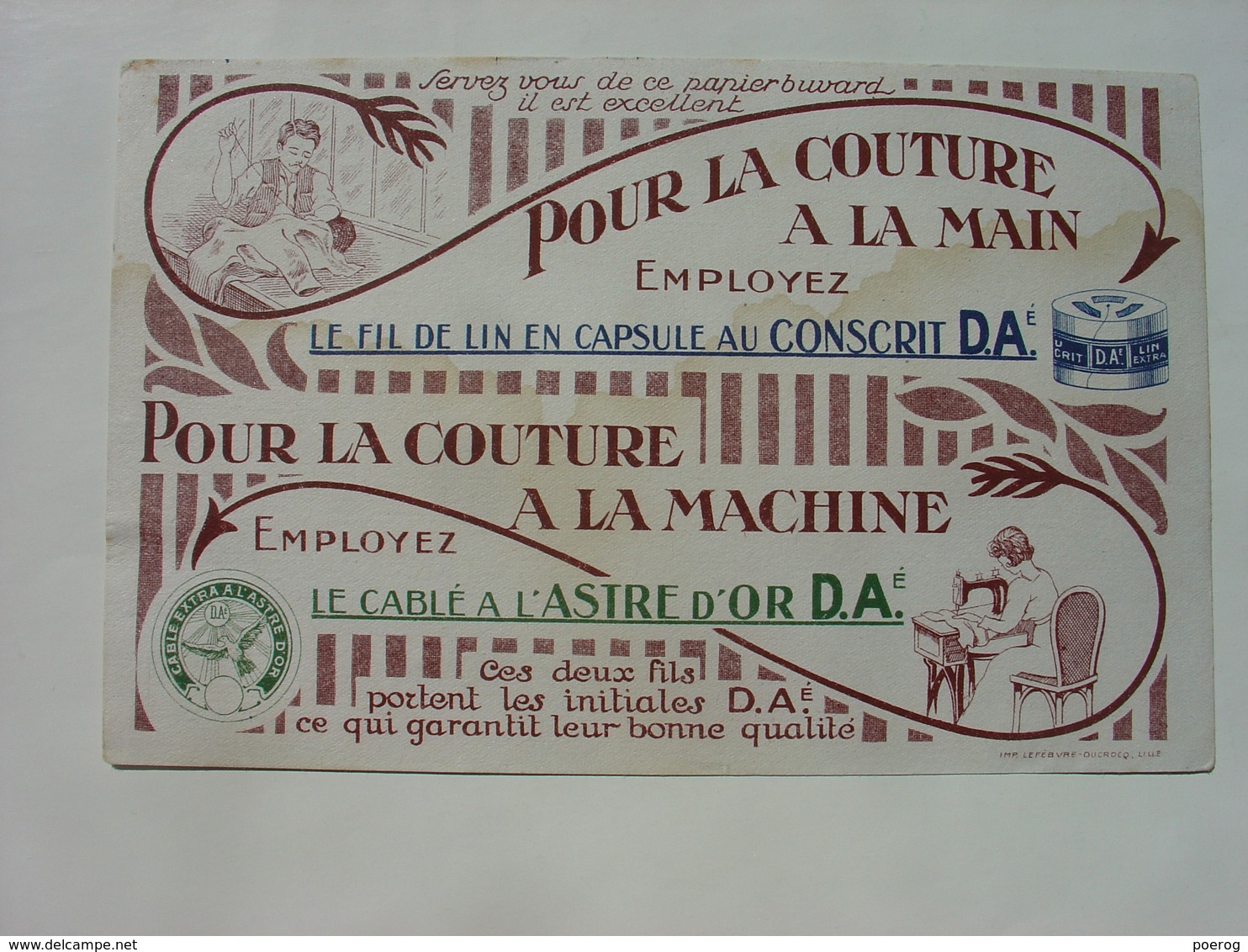 BUVARD ANCIEN - FIL COUTURE D.A.é - COUTURE A LA MAIN COUTURE A LA MACHINE - IMP. LEFEVRE DUCROCQ LILLE - Textile & Clothing