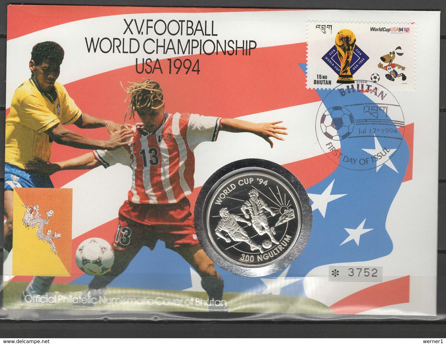 Bhutan 1994 Football Soccer World Cup Numismatic Cover With 300 Ng Silver Coin - 1994 – USA