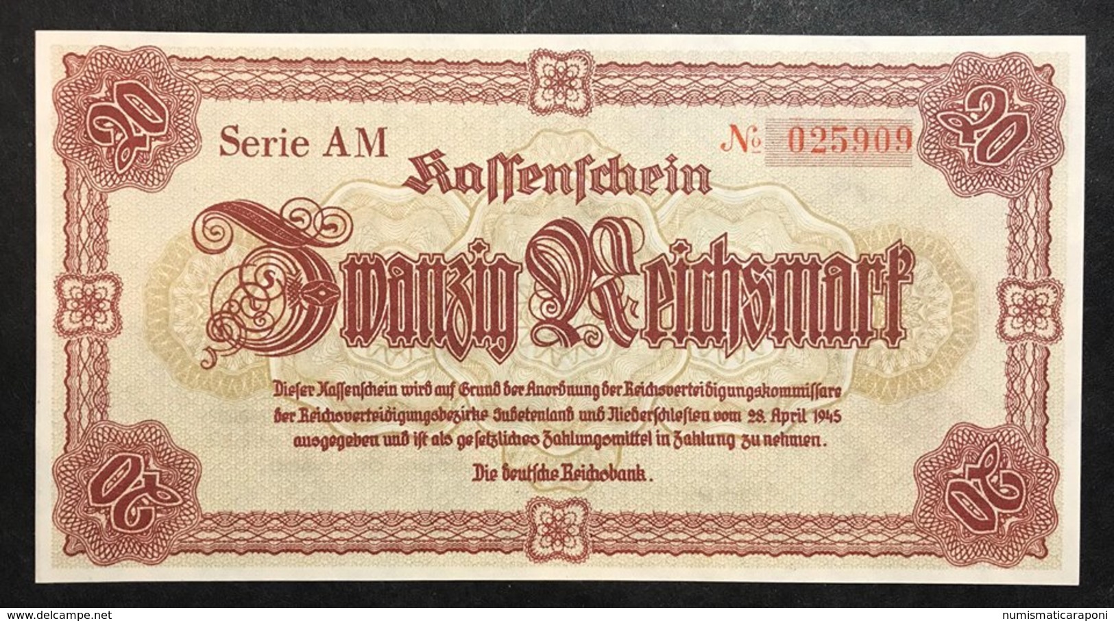 GERMANIA ALEMANIA GERMANY  KASSESCHEIN 20 REICHSMARK 28.4.1945  UNC  Pick. 187   LOTTO 1999 - 20 Reichsmark