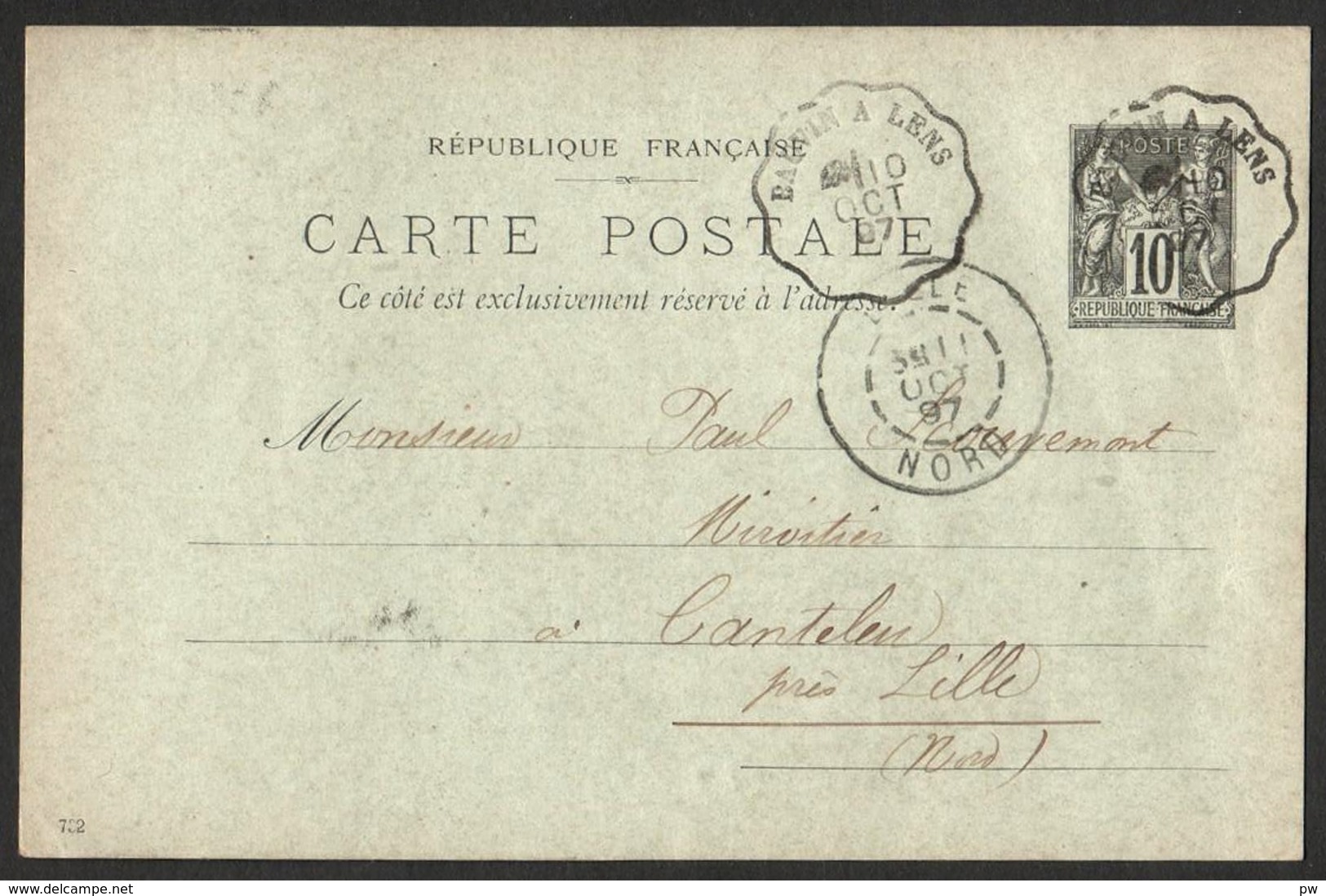 FRANCE 1877-80 SAGE ENTIERS YT N° 89-CP5 10c Noir Oblitéré BAUVIN A LENS 10/10/1897 - 1876-1898 Sage (Type II)