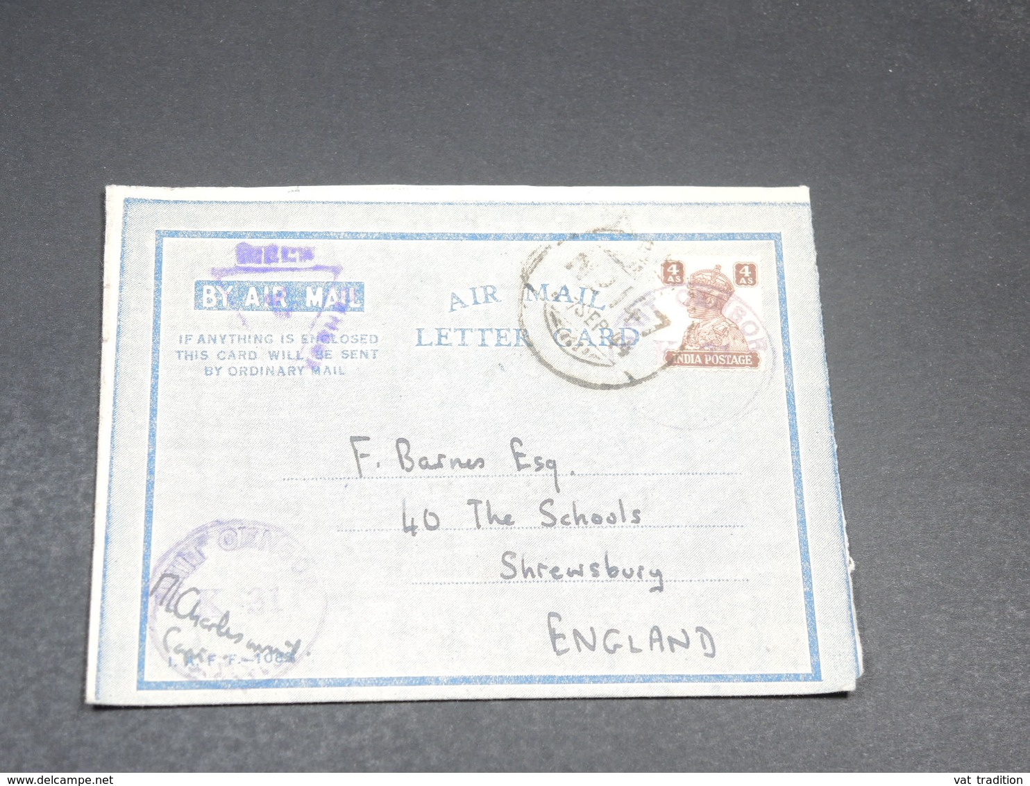 INDE - Aérogramme Pour La Grande Bretagne En 1944 Avec Contrôle Postal - L 19682 - 1936-47 Roi Georges VI