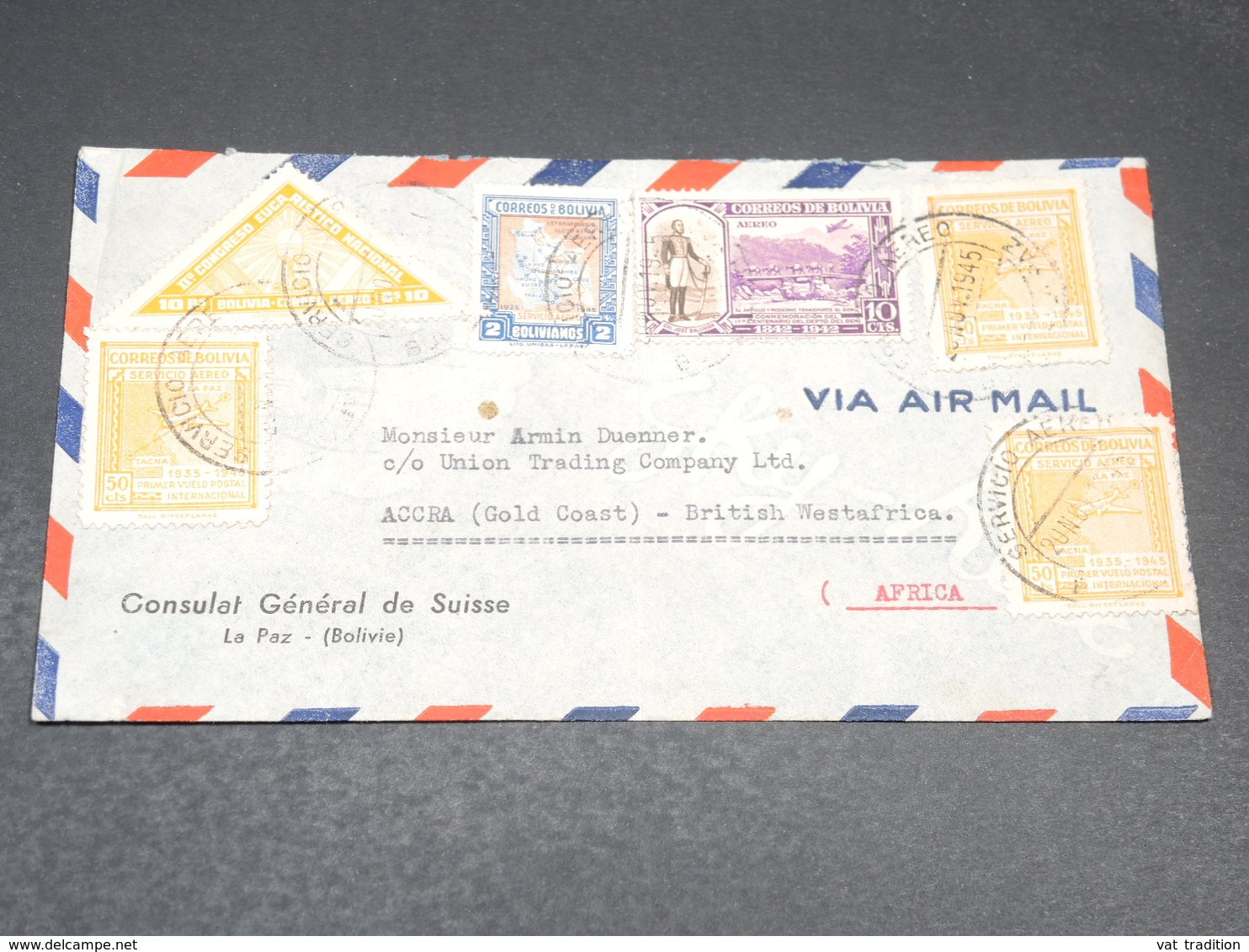 BOLIVIE - Enveloppe Du Consulat De Suisse à La Paz Pour Accra En 1945 , Affranchissement Plaisant - L 19692 - Bolivië