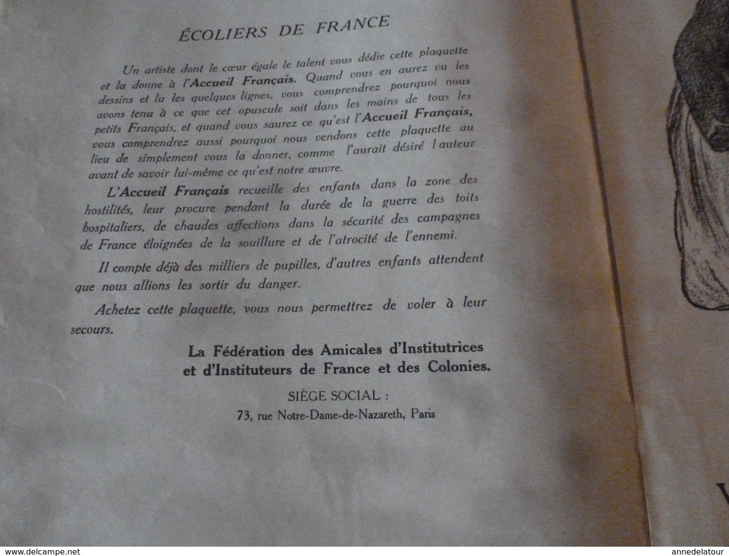 1915 Plaquette "L'ACCUEIL FRANCAIS"  édit Par La Fédération Des Amicales D'Institutrices Et D'Instituteurs De France;etc - Collections