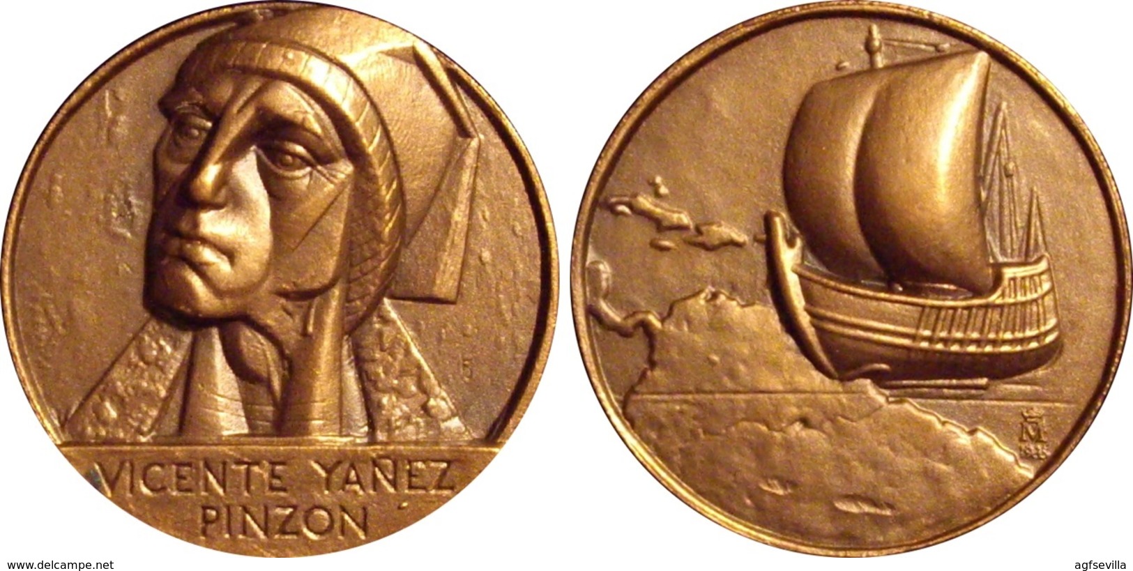 ESPAÑA. MEDALLA F.N.M.T. NAVEGANTE VICENTE YAÑEZ PINZON. 1.985. BRONCE. ESPAGNE. SPAIN MEDAL - Firma's