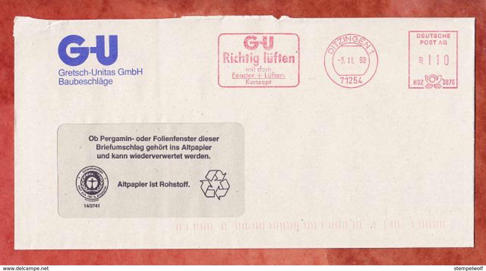 Brief, Neopost H02-3876, Gretsch-Unitas, 110 Pfg, Ditzingen 1998 (54619) - Machines à Affranchir (EMA)