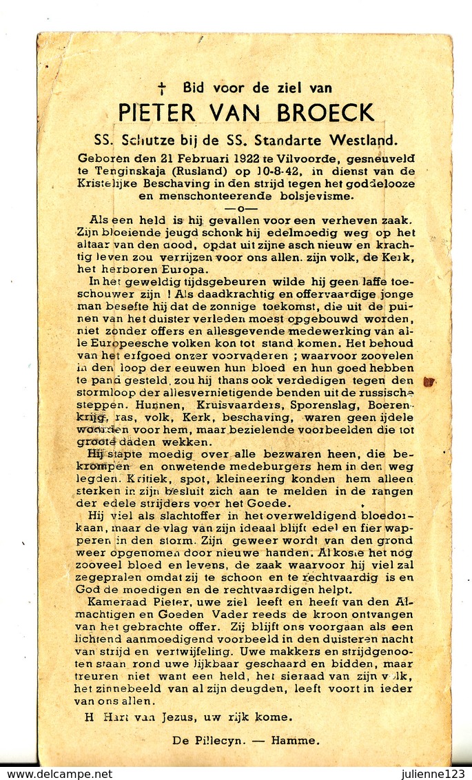 GESNEUVELDE SS.OP 10-8-42 RUSLAND -GEBOREN TE VILVOORDE PIETER VAN BROECK.-ZEER ZELDZAAM - Godsdienst & Esoterisme