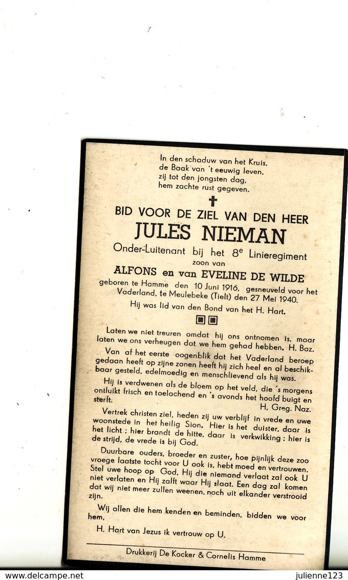 GESNEUVELDE 1940-GEBOREN TE HAMME JULES NIEMAN -ONDER-LUITENANT 8é LINIEREGIMENT - Godsdienst & Esoterisme