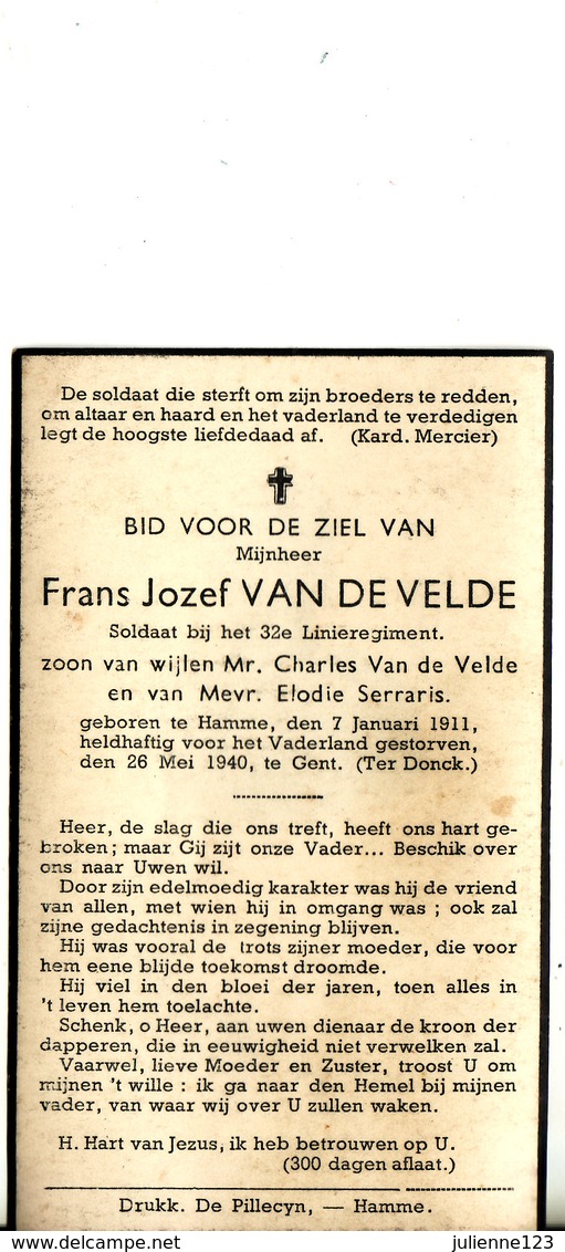 GESNEUVELDE 1940 TE GENT-GEBOREN TE HAMME -FRANS JOZEF VAN DE VELDE_SOLDAAT 32é LINIEREGIMENT. - Godsdienst & Esoterisme