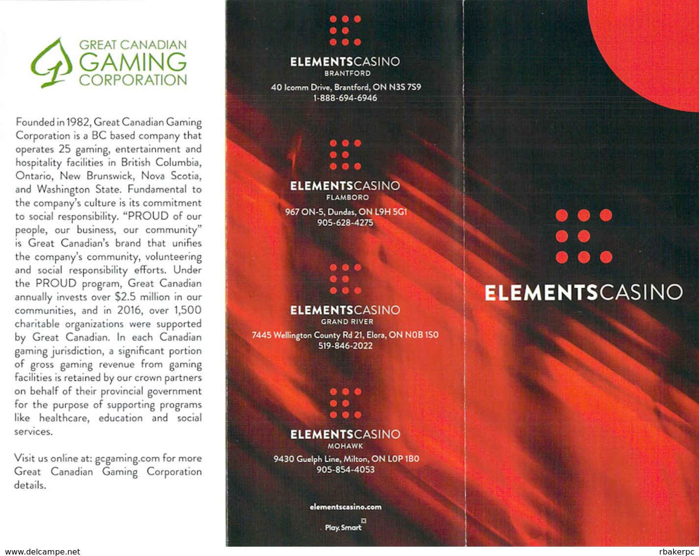 Elements Casino - Ontario Canada - Casino Brochure - Casino Cards