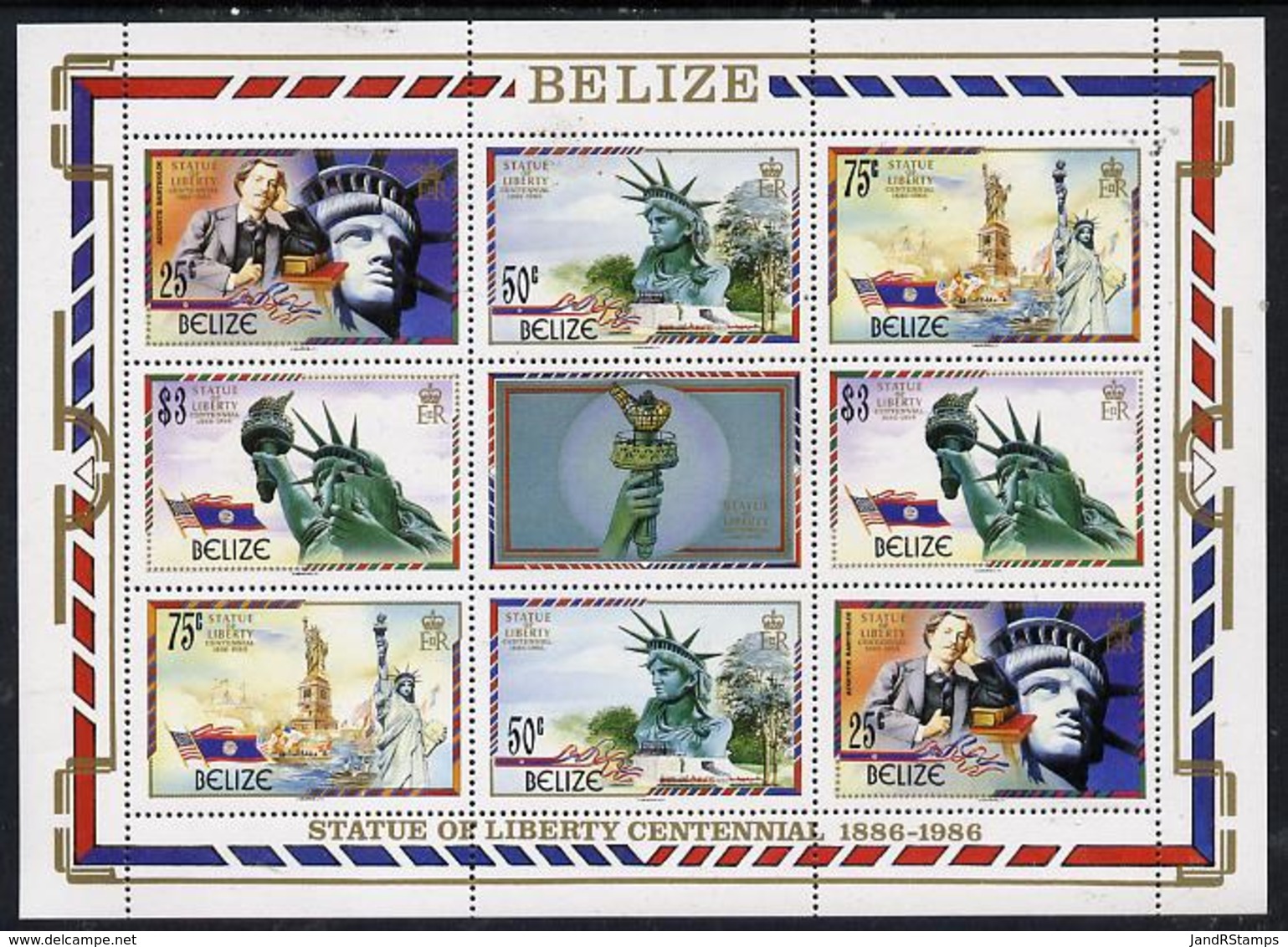 13076 Belize 1986 Centenary Of Statue Of Liberty Perf Sheetlet 2 Sets Of 4 Plus Label (statues Americana) - Belize (1973-...)