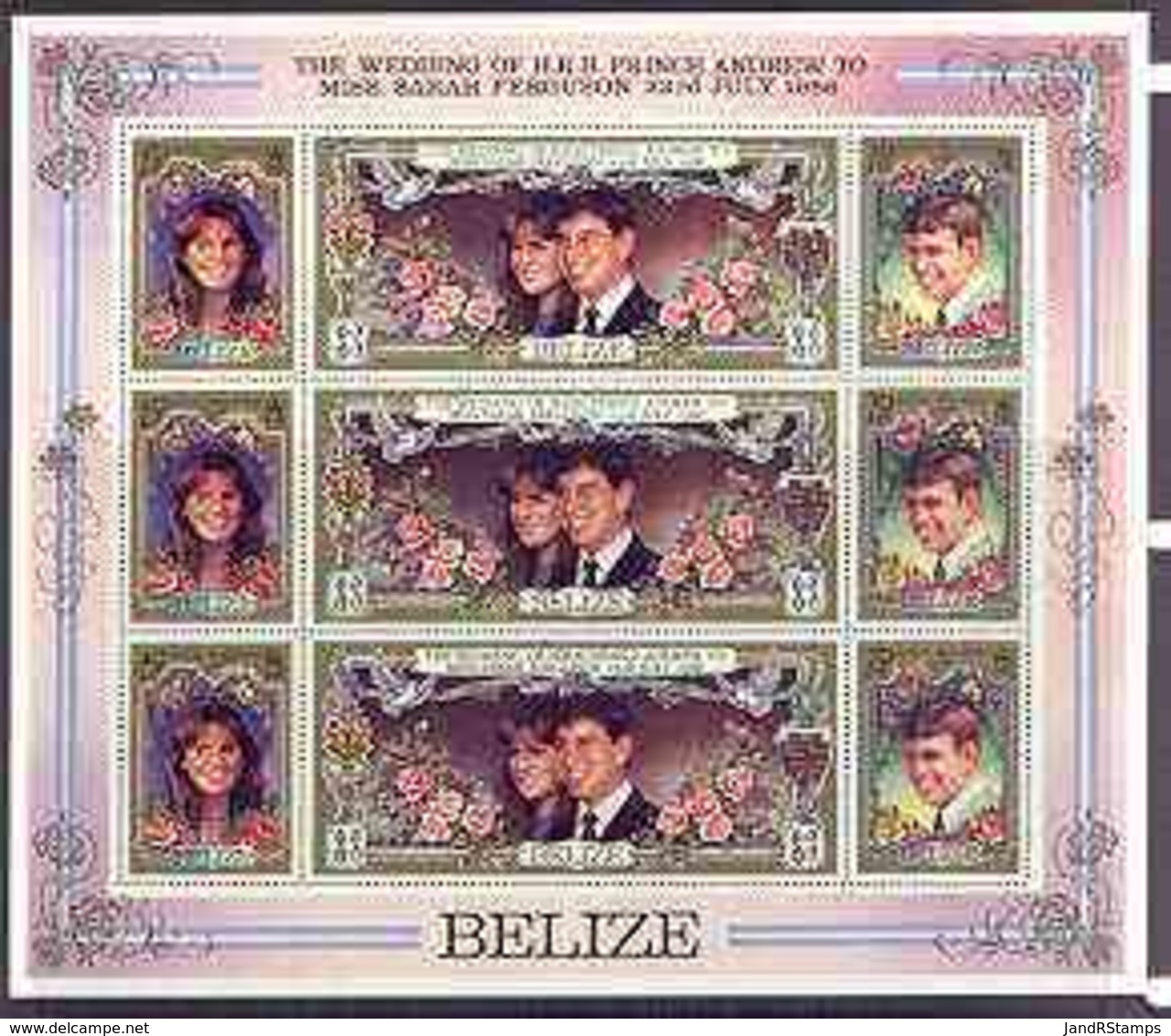 36958 Belize 1986 Royal Wedding Perf Sheetlet Of 9 3 Se-tenant Strips Of 3 U/m (royalty Andrew Fergie Roses) - Belize (1973-...)