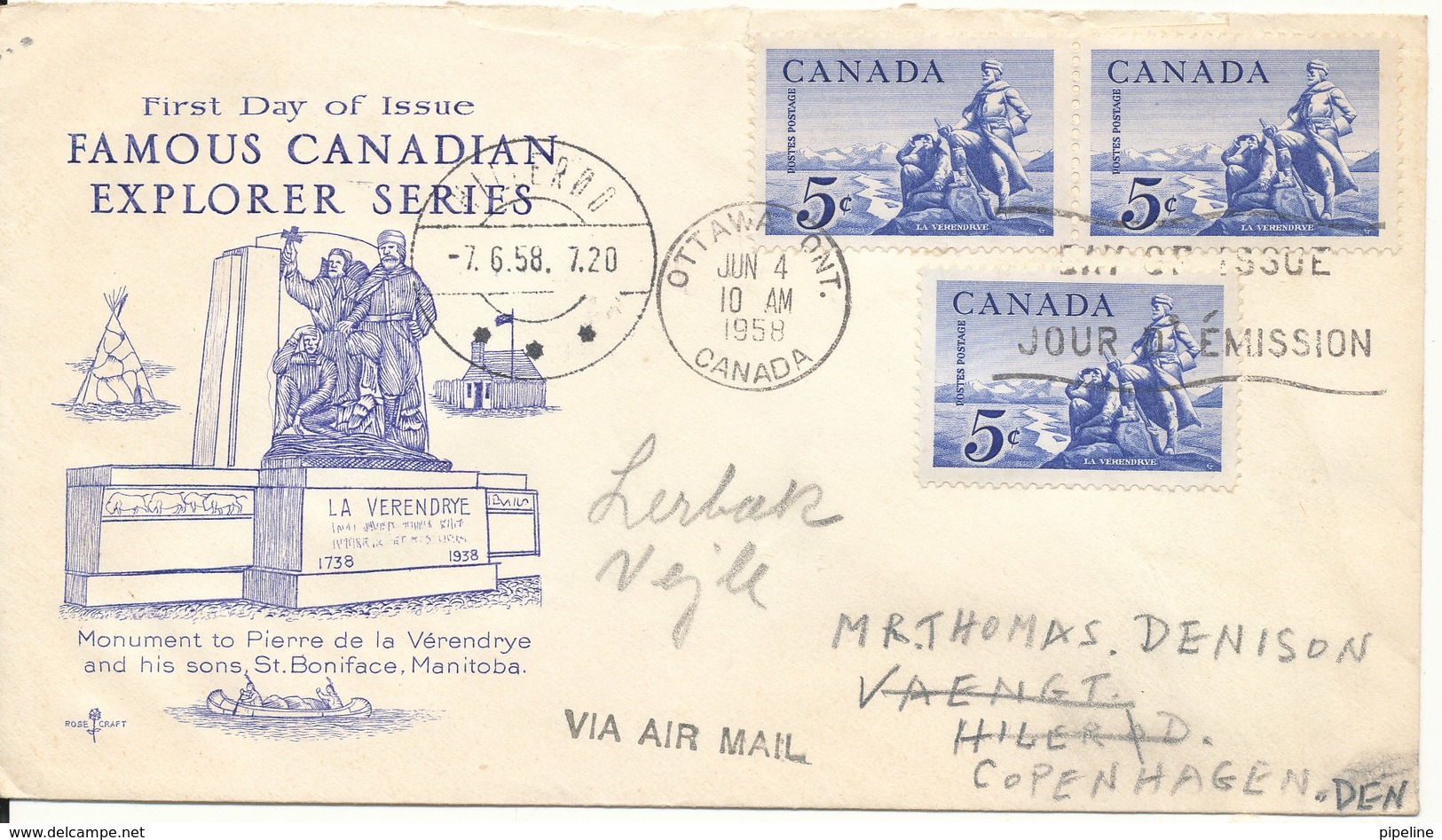 Canada FDC 4-6-1958 Ottawa Ontario Famous Canadian Explorer Series With Art Craft Cachet Sent To Denmark - 1952-1960