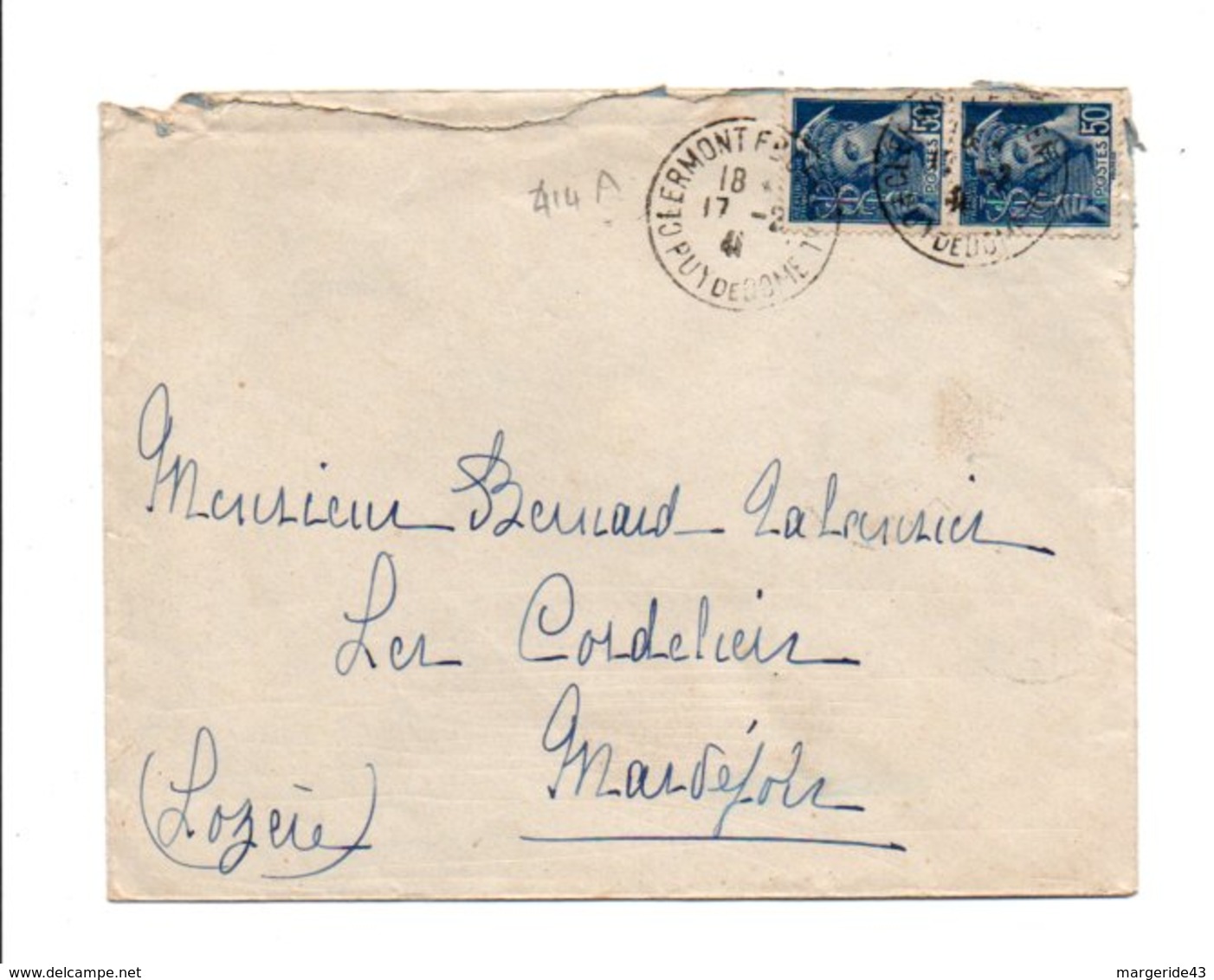 AFFRANCHISSEMENT COMPOSE DE MERCURE SUR LETTRE DE CLERMONT FERRAND DU 17/2/1941 - 1961-....