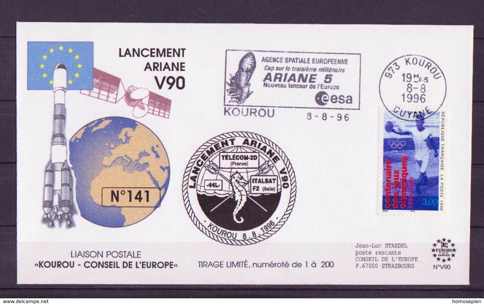 ESPACE - ARIANE Vol Du 1996/08 V90 - Conseil De L'Europe - 1 Enveloppe Vol - Europa