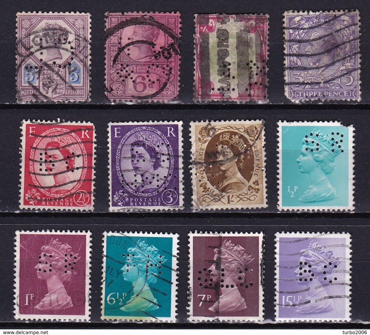 G.B. 1887-1981 Queen Victoria / Elizabeth II 12  Different Perfins As Shown On 2 Scans - Gezähnt (perforiert)