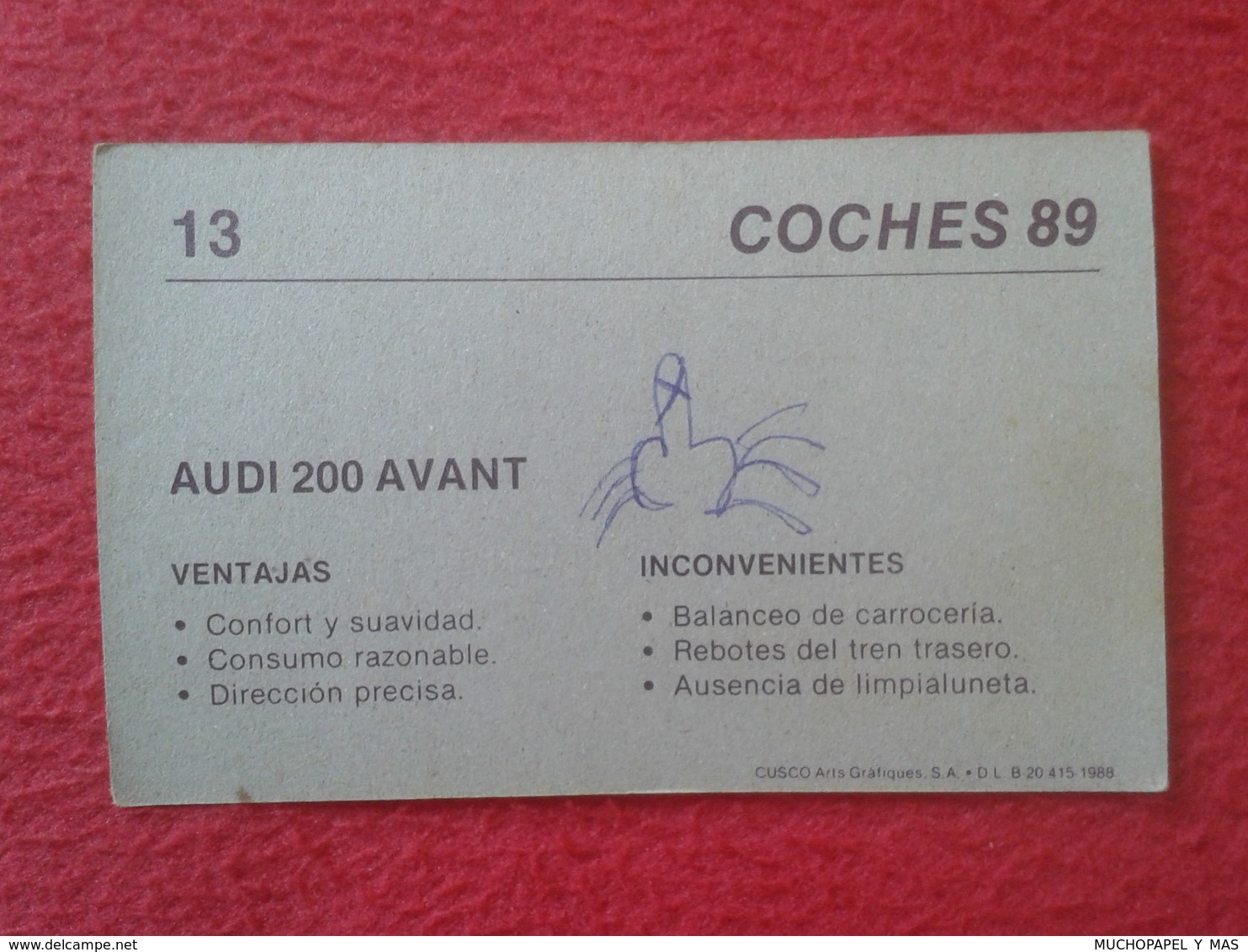 SPAIN ESPAGNE. ANTIGUO OLD CROMO ESTAMPA 1988 COCHES 89 COCHE CAR CARS AUTO AUTOMÓVIL AUDI 200 AVANT ALEMANIA GERMANY - Otros & Sin Clasificación