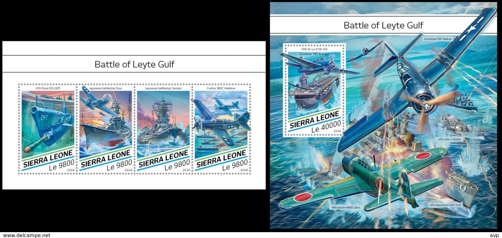 Sierra Leone 2018 History, WWII, World War II, Battle Of Leyte Gulf, Military Aviation, Ships - Sierra Leone (1961-...)