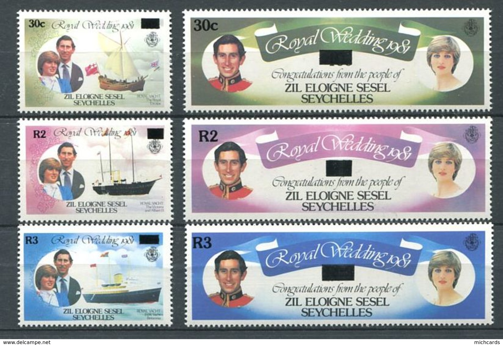 234 ZIL ELOIGNE SESEL Seychelles 1983 - Yvert 87/92 Surcharge - Mariage Royal - Neuf **(MNH) Sans Charniere - Seychelles (1976-...)