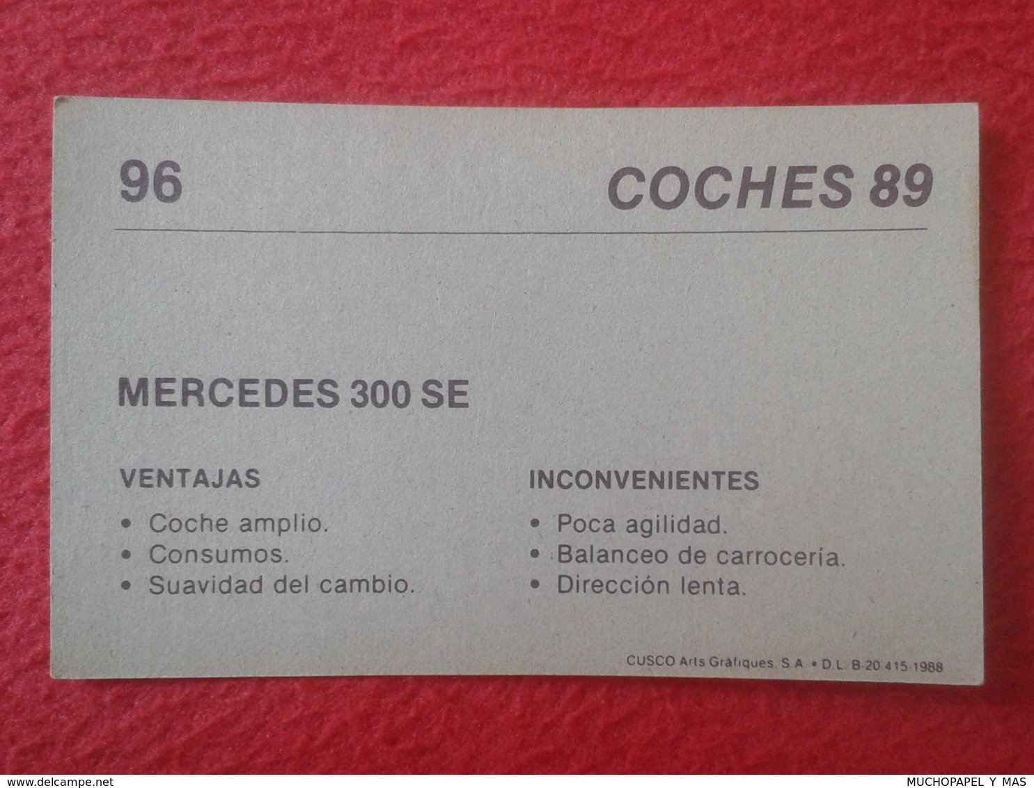 SPAIN ESPAGNE. ANTIGUO OLD CROMO ESTAMPA 1988 COCHES 89 COCHE CAR CARS AUTO AUTOMÓVIL MERCEDES BENZ 300 SE GERMANY VER - Otros & Sin Clasificación