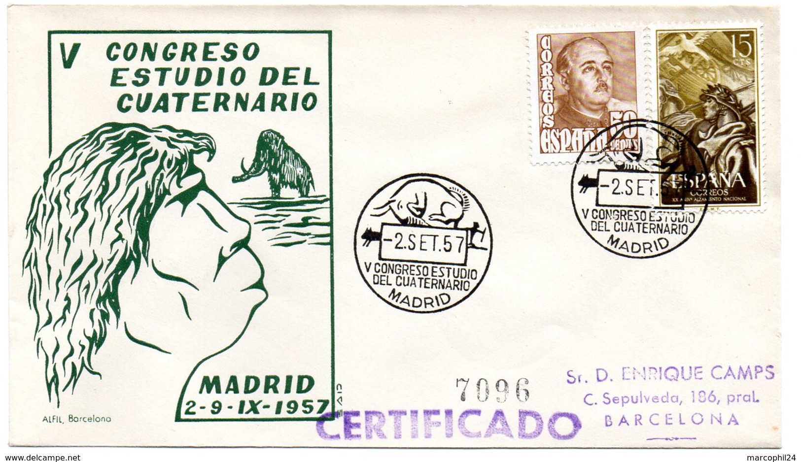 FAUNE / MAMMOUTH = ESPAGNE - MADRID 1957 = CACHET  Illustré Congreso Estudio Del Cuaternario - Preistorici