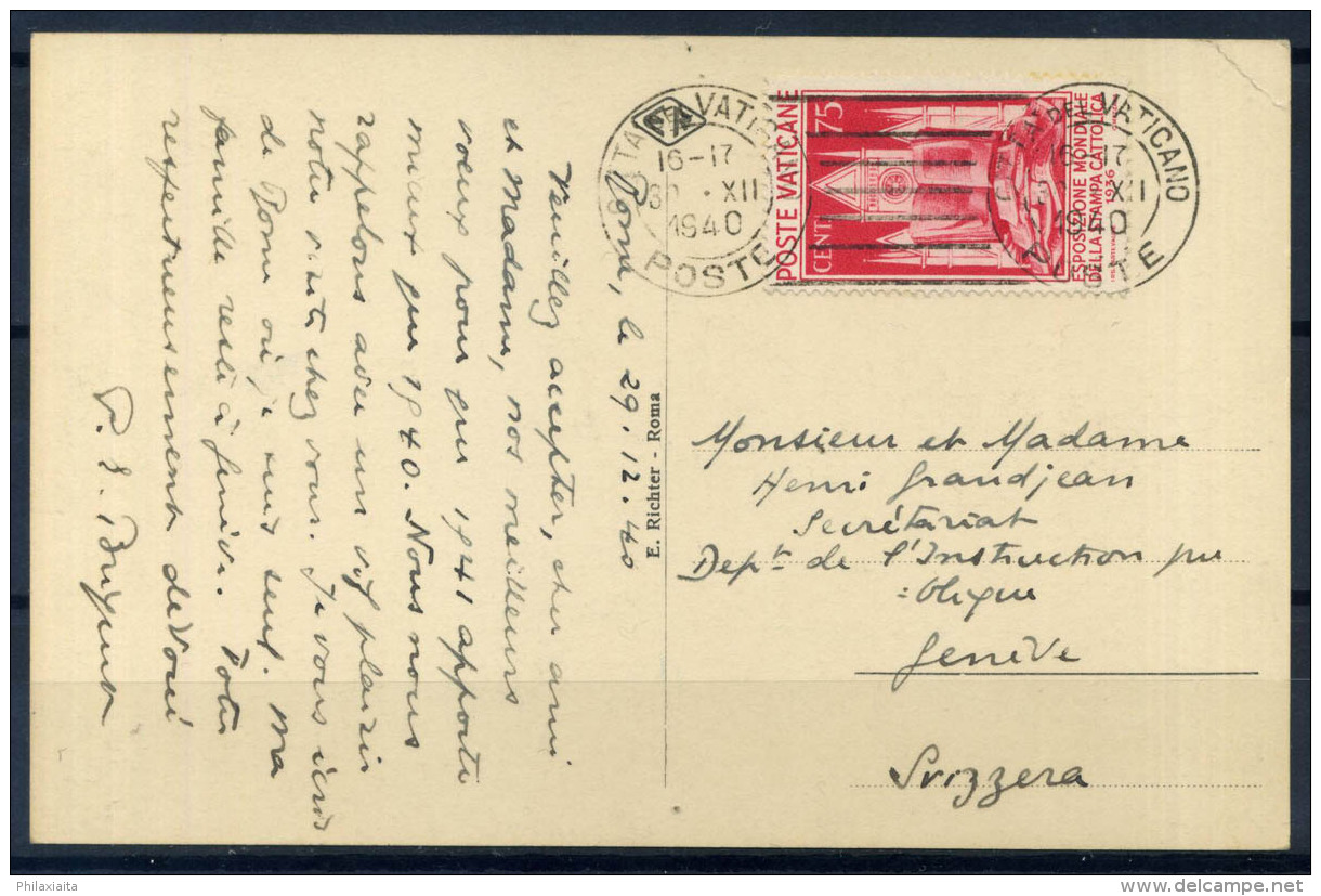 Vaticano 1940 Sass. 58 Cartolina 100% Stampa Cattolica, 75 Cent., Svizzera, Ginevra - Storia Postale