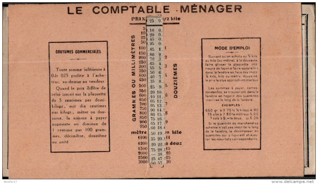 CONCOURS LEPINE 1925 , Le Comptable Ménager , Calculateur Instantané , Donne Le Prix A Payer Pour Les Ventes Au Mètres , - Andere Pläne