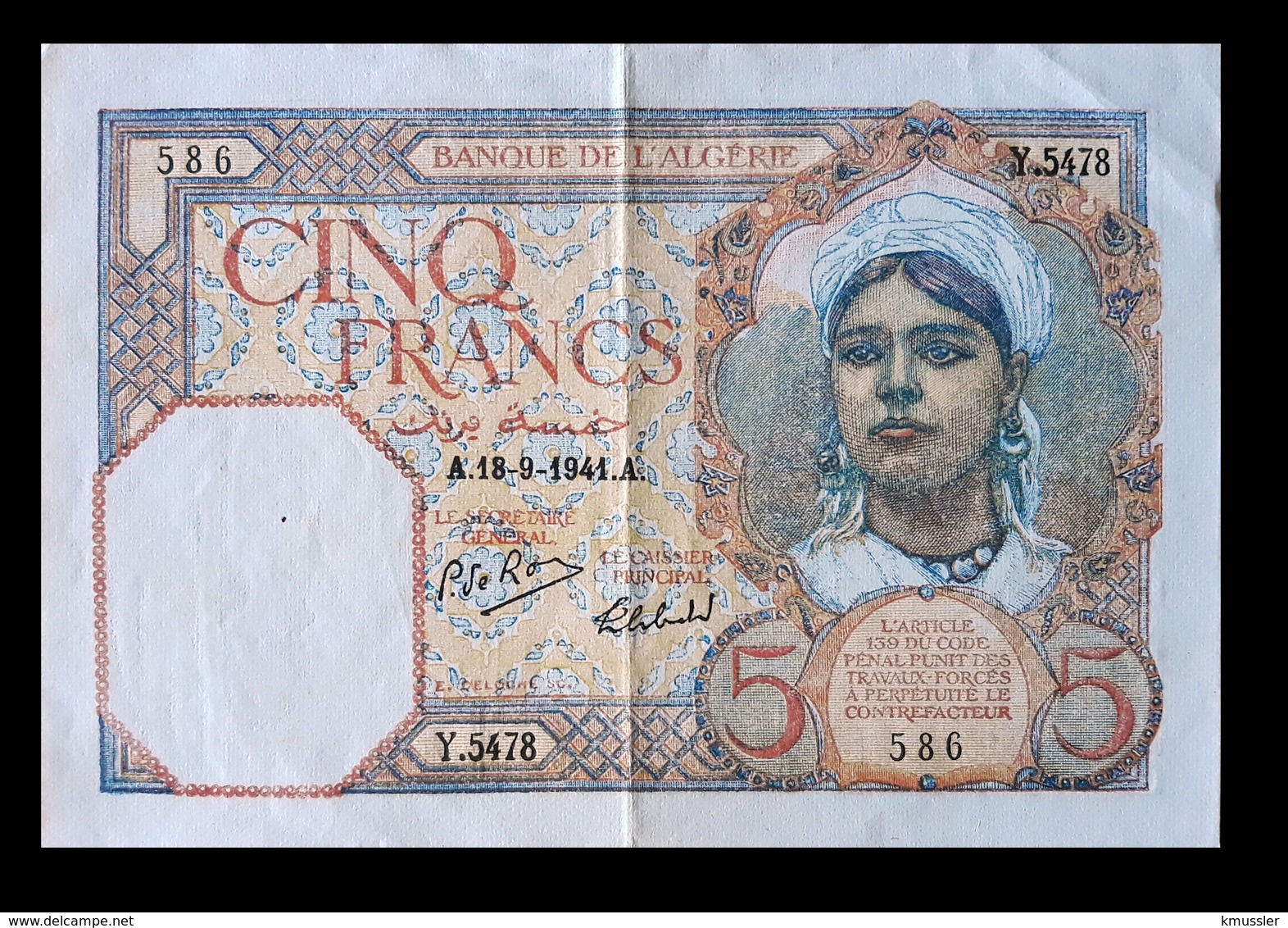 # # # Banknote Algerien (Algeria) 5 Francs 1941 Au- # # # - Algerien