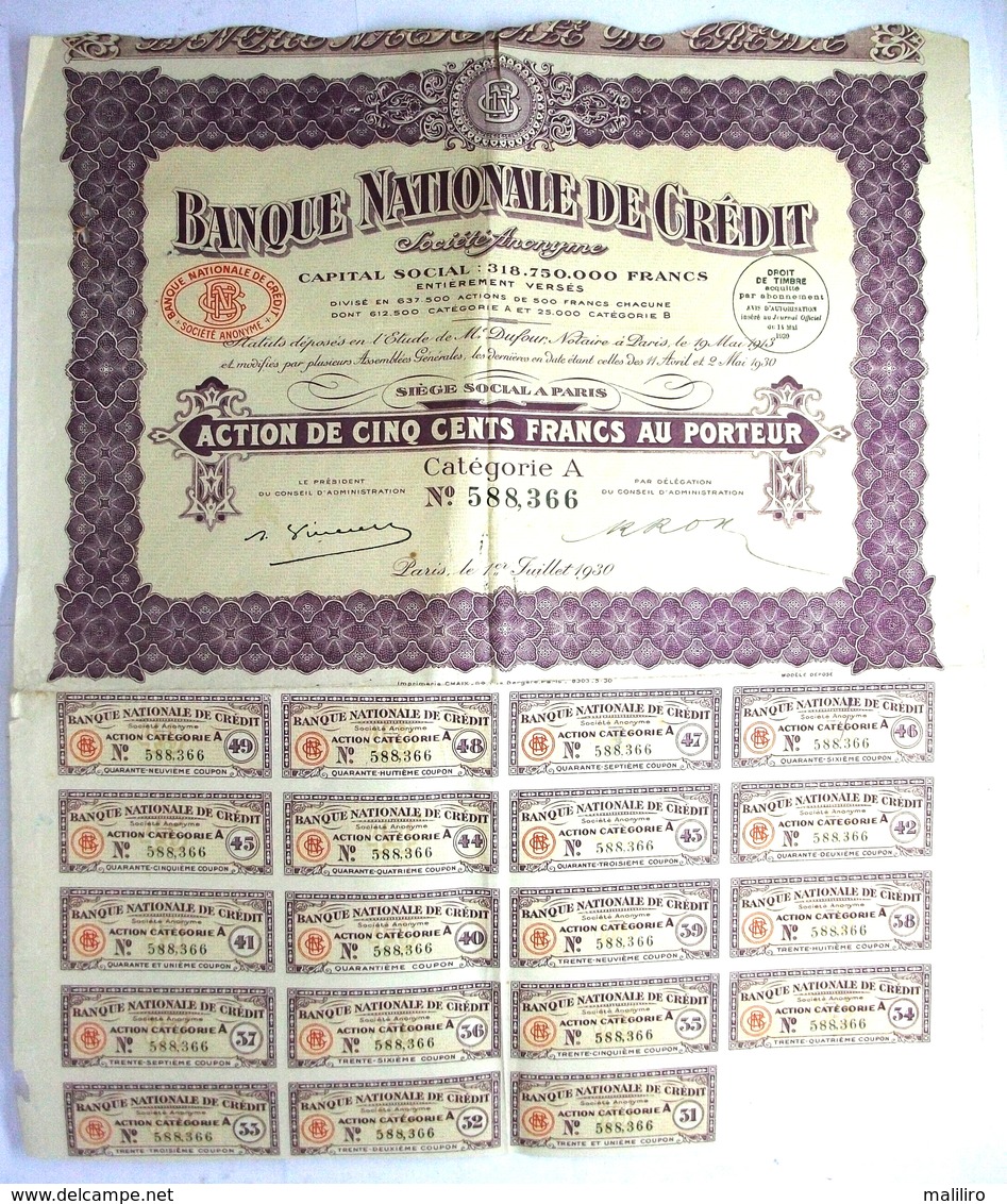 1930 Action 500 Francs Au Porteur Banque Nationale De Crédit - - Banque & Assurance