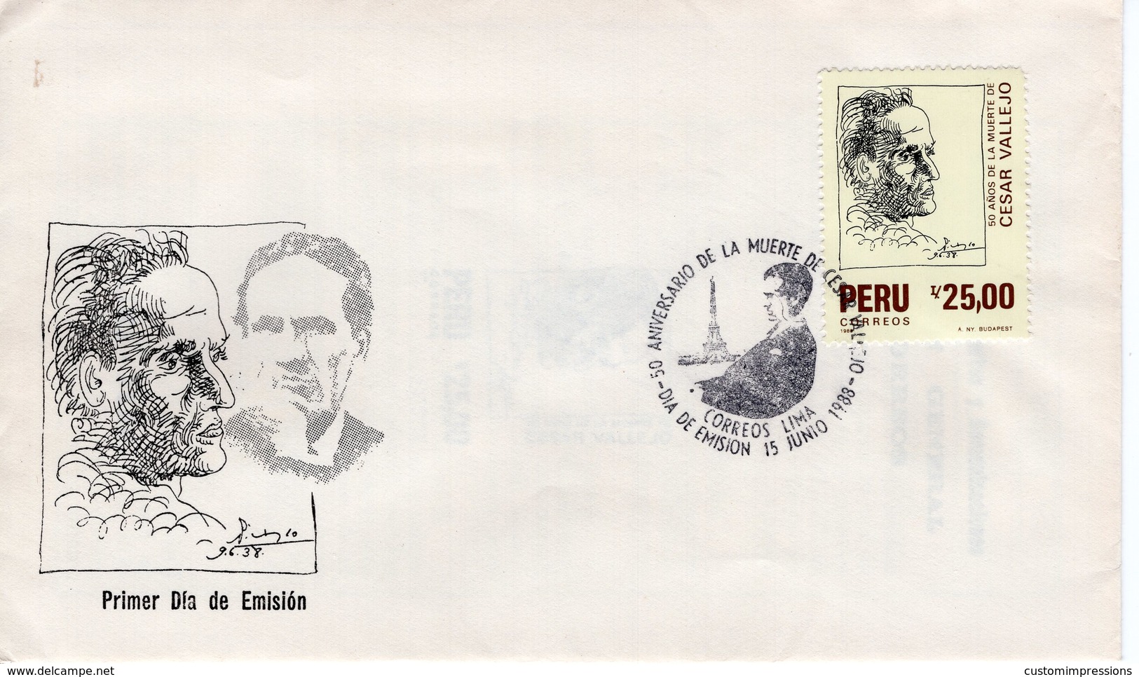 PERU - 1988 The 50th Anniversary Of The Death Of Cesar Vallejo, Poet, 1892-1938  FDC5536 - Peru